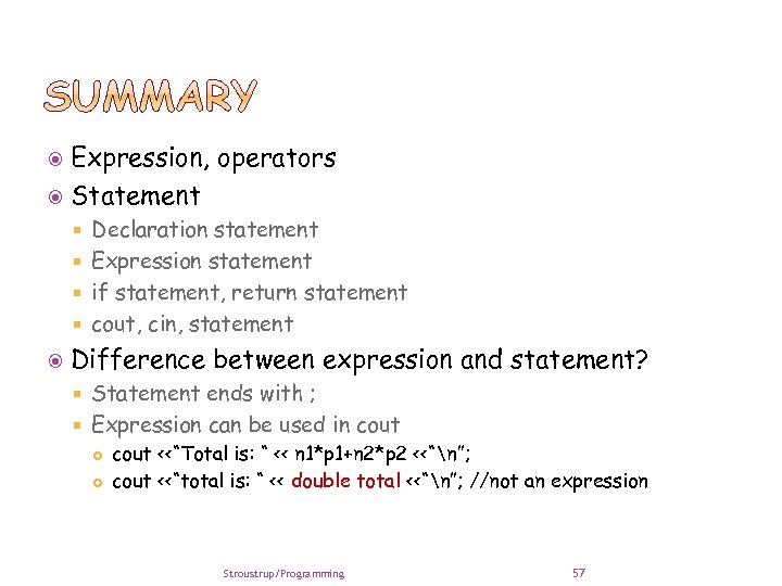 Expression, operators Statement Declaration statement Expression statement if statement, return statement cout, cin, statement