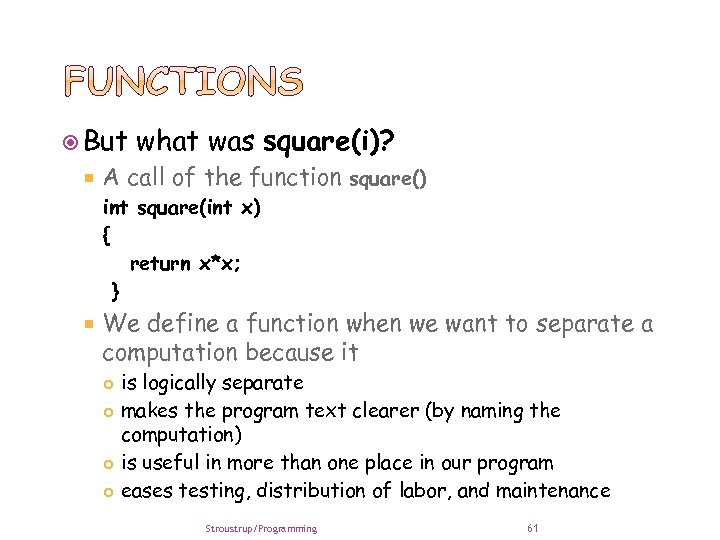  But what was square(i)? A call of the function square() int square(int x)