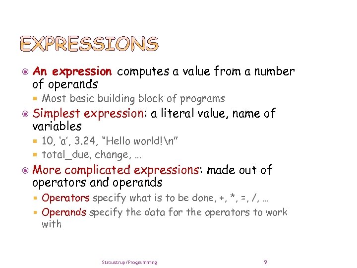  An expression computes a value from a number of operands Most basic building