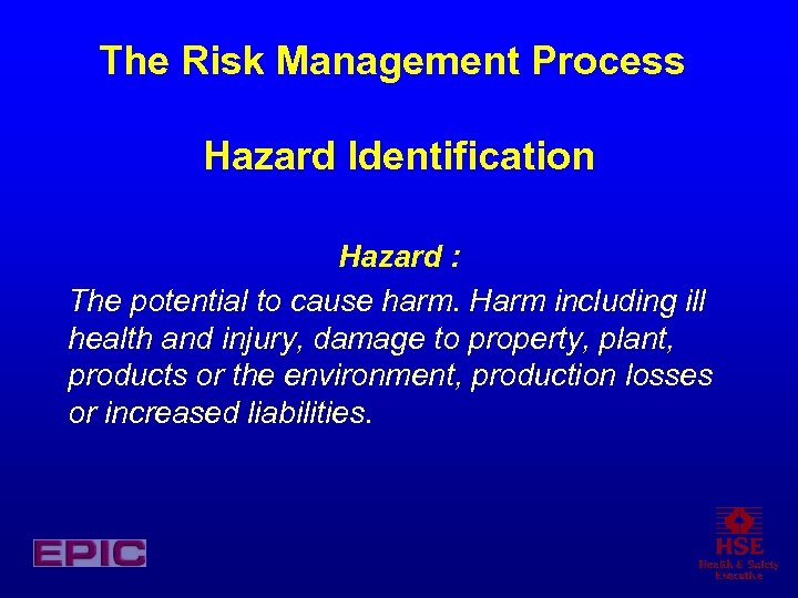 The Risk Management Process Hazard Identification Hazard : The potential to cause harm. Harm