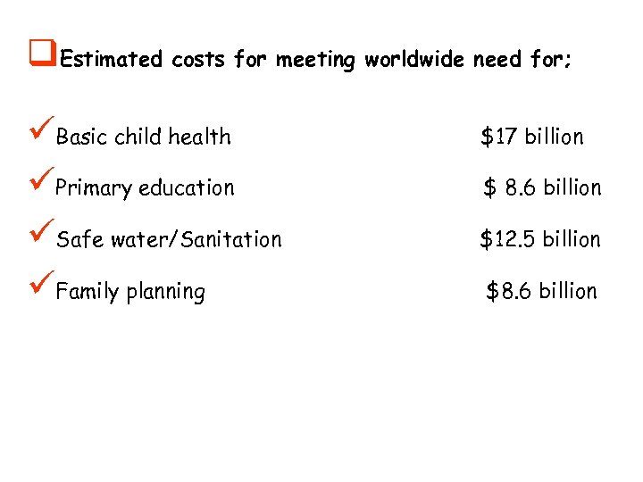 q. Estimated costs for meeting worldwide need for; üBasic child health üPrimary education üSafe