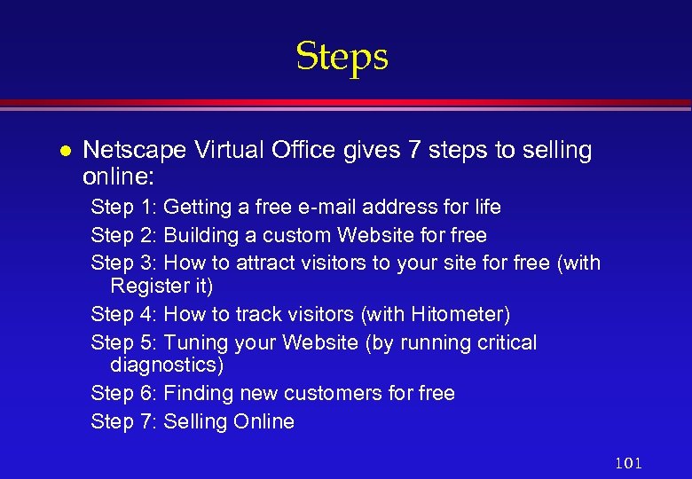 Steps l Netscape Virtual Office gives 7 steps to selling online: Step 1: Getting
