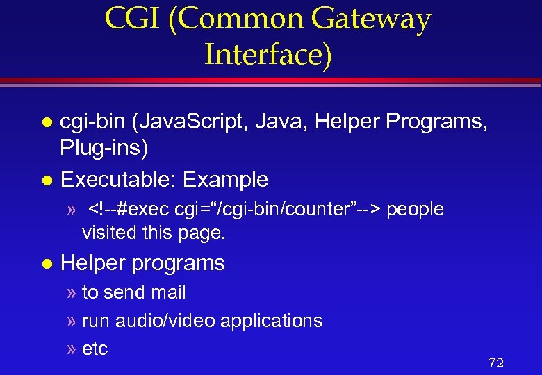 CGI (Common Gateway Interface) cgi-bin (Java. Script, Java, Helper Programs, Plug-ins) l Executable: Example