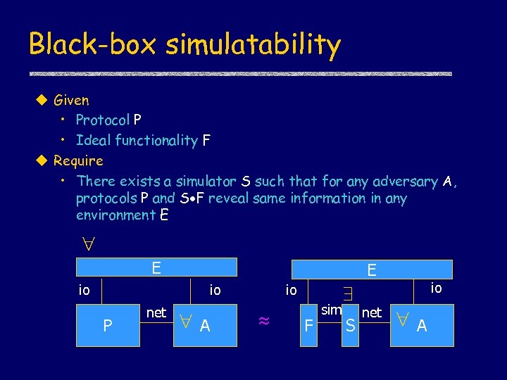Black-box simulatability u Given • Protocol P • Ideal functionality F u Require •