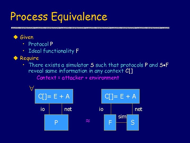 Process Equivalence u Given • Protocol P • Ideal functionality F u Require •