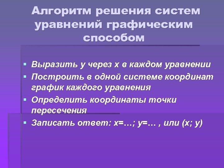 Алгоритм решения систем уравнений графическим способом § Выразить у через х в каждом уравнении