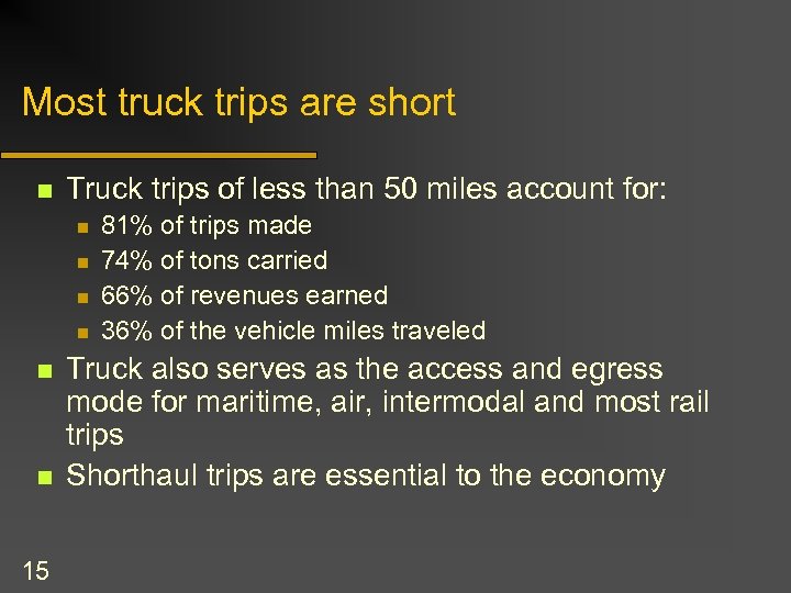 Most truck trips are short n Truck trips of less than 50 miles account