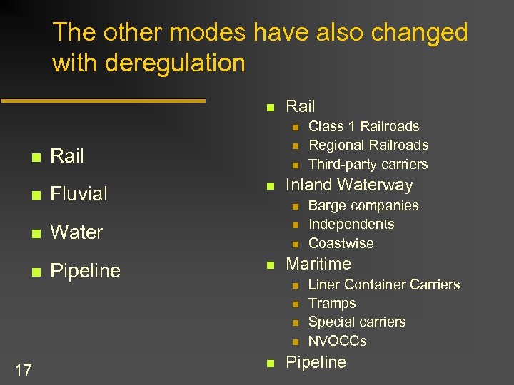 The other modes have also changed with deregulation n Rail n Fluvial n Pipeline