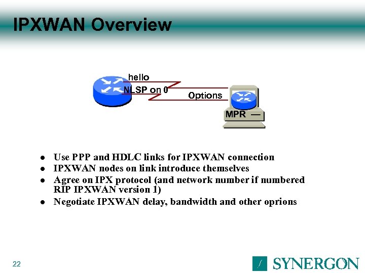 IPXWAN Overview hello NLSP on 0 Options MPR l l 22 Use PPP and