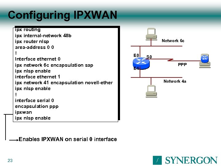 Configuring IPXWAN ipx routing ipx internal-network 48 b ipx router nlsp area-address 0 0