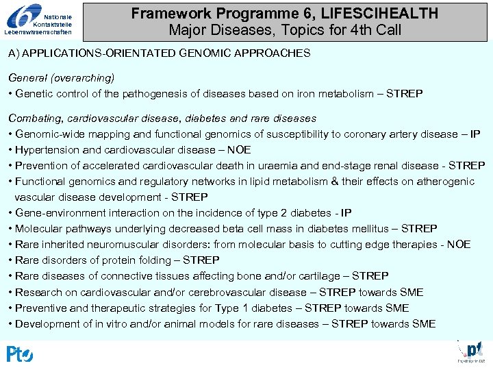 Nationale Kontaktstelle Lebenswissenschaften Framework Programme 6, LIFESCIHEALTH Major Diseases, Topics for 4 th Call