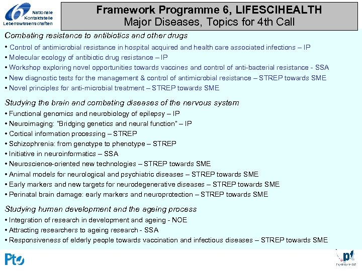 Nationale Kontaktstelle Lebenswissenschaften Framework Programme 6, LIFESCIHEALTH Major Diseases, Topics for 4 th Call