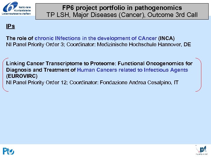 Nationale Kontaktstelle Lebenswissenschaften FP 6 project portfolio in pathogenomics TP LSH, Major Diseases (Cancer),