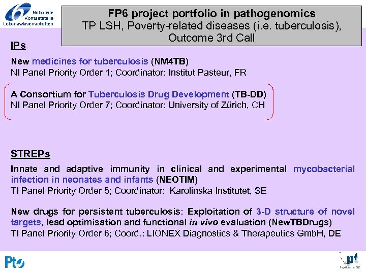 Nationale Kontaktstelle Lebenswissenschaften IPs FP 6 project portfolio in pathogenomics TP LSH, Poverty-related diseases