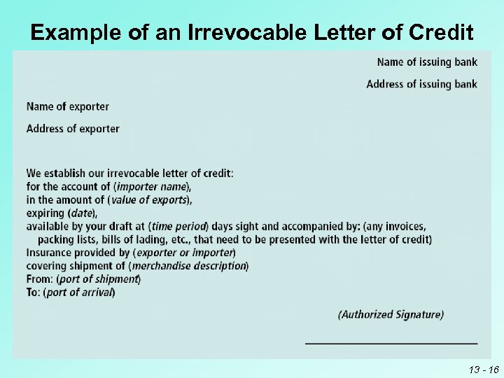 Example of an Irrevocable Letter of Credit 13 - 16 