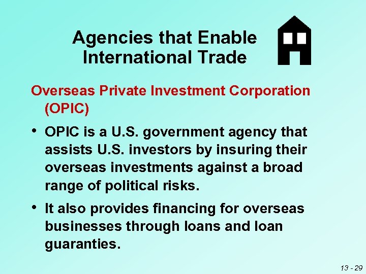 Agencies that Enable International Trade Overseas Private Investment Corporation (OPIC) • OPIC is a