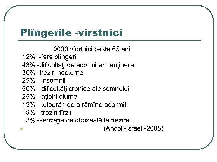 Plîngerile -virstnici 9000 vîrstnici peste 65 ani 12% -fără plîngeri 43% -dificultaţi de adormire/menţinere