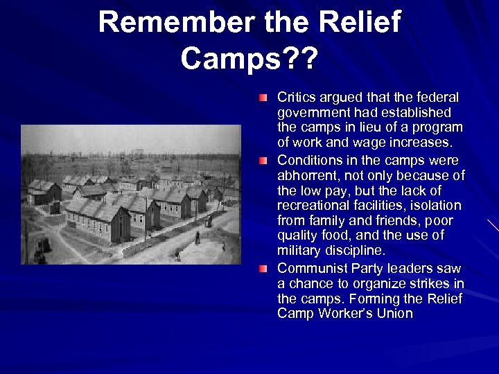 Remember the Relief Camps? ? Critics argued that the federal government had established the