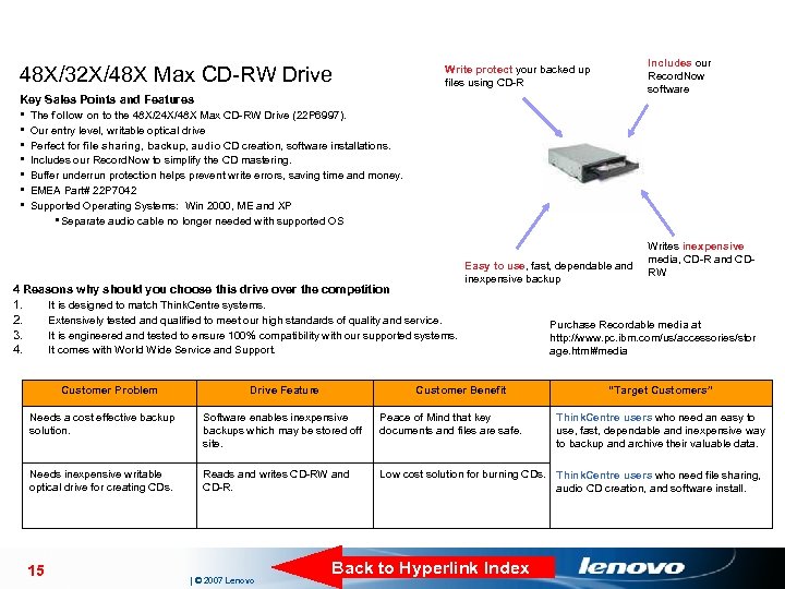 48 X/32 X/48 X Max CD-RW Drive Includes our Record. Now software Write protect