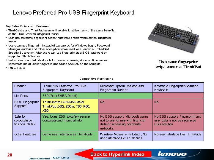 Lenovo Preferred Pro USB Fingerprint Keyboard Key Sales Points and Features § Think. Centre