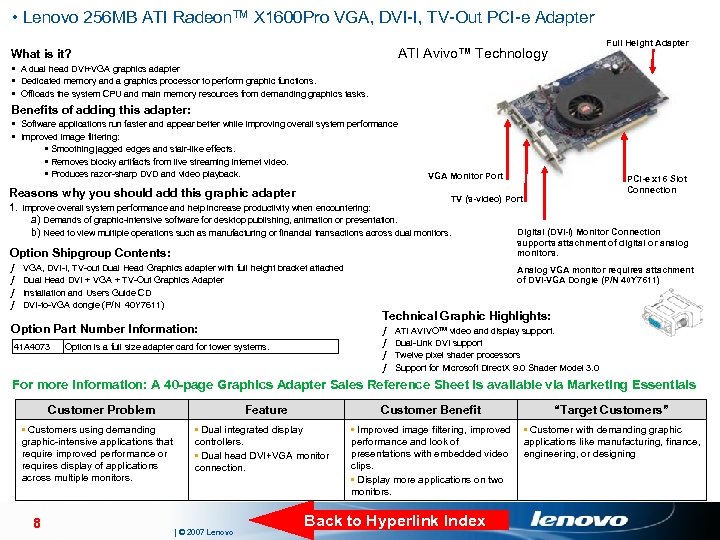  • Lenovo 256 MB ATI Radeon. TM X 1600 Pro VGA, DVI-I, TV-Out