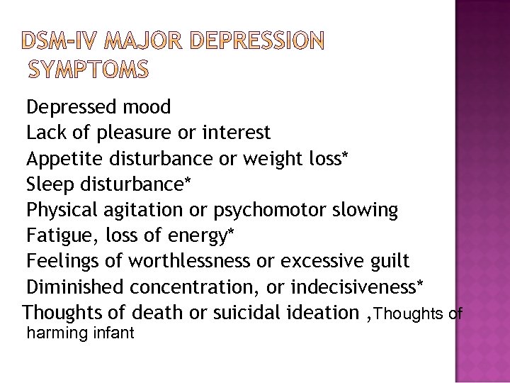 Depressed mood Lack of pleasure or interest Appetite disturbance or weight loss* Sleep disturbance*