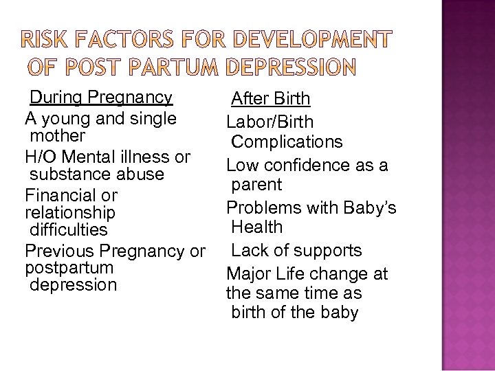 During Pregnancy A young and single mother H/O Mental illness or substance abuse Financial