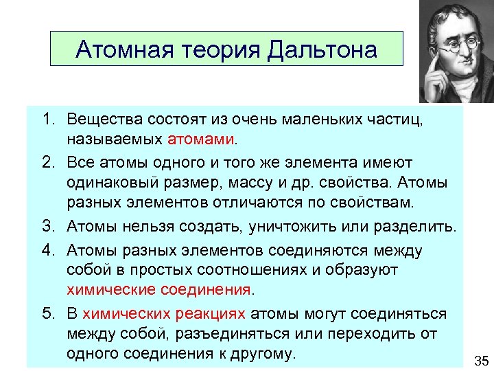 Части теории. Атомная теория. Теория Дальтона. Основные положения теории Дальтона.