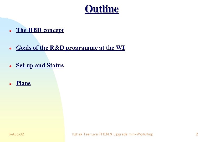 Outline The HBD concept Goals of the R&D programme at the WI Set-up and