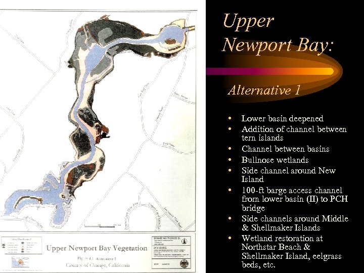 Upper Newport Bay: Alternative 1 • • Lower basin deepened Addition of channel between