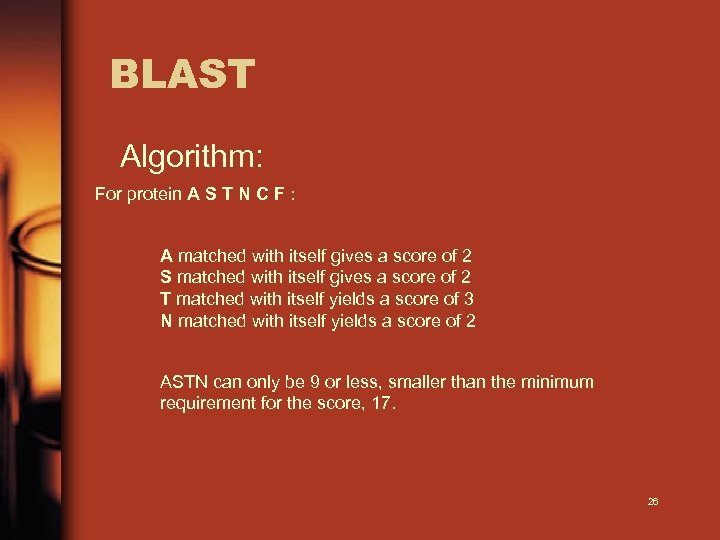 BLAST Algorithm: For protein A S T N C F : A matched with