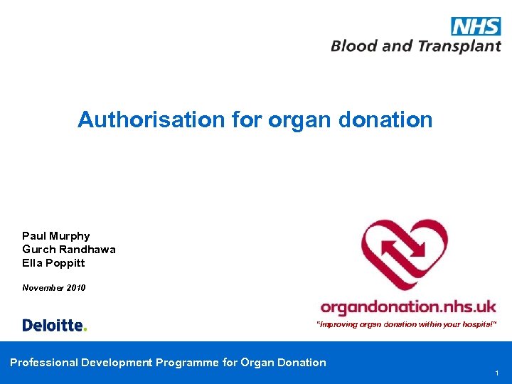Authorisation for organ donation Paul Murphy Gurch Randhawa Ella Poppitt November 2010 “Improving organ