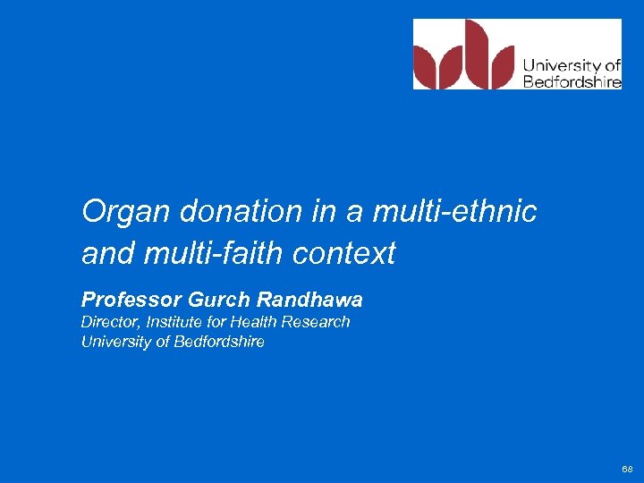 Organ donation in a multi-ethnic and multi-faith context Professor Gurch Randhawa Director, Institute for