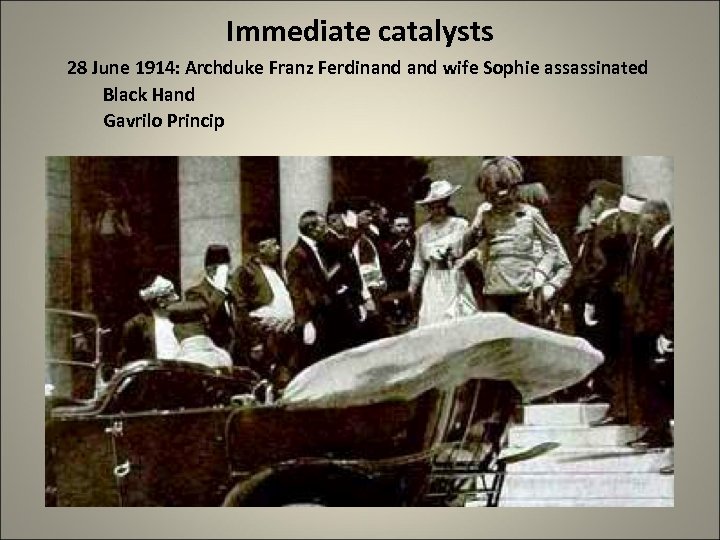 Immediate catalysts 28 June 1914: Archduke Franz Ferdinand wife Sophie assassinated Black Hand Gavrilo