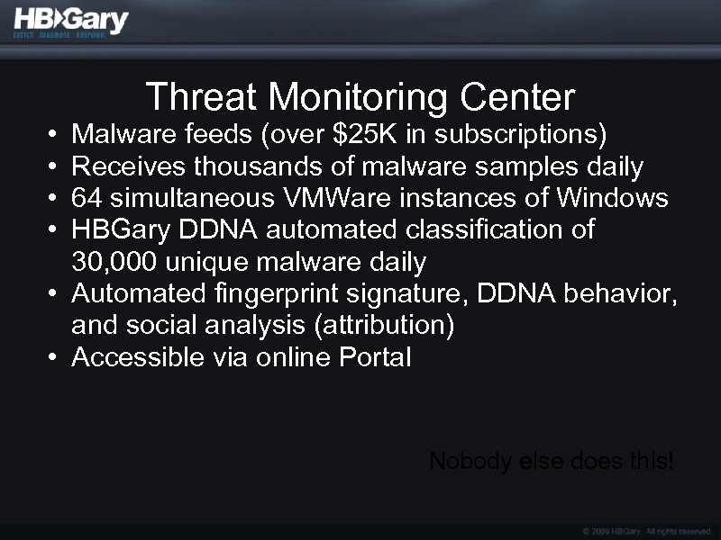  • • Threat Monitoring Center Malware feeds (over $25 K in subscriptions) Receives