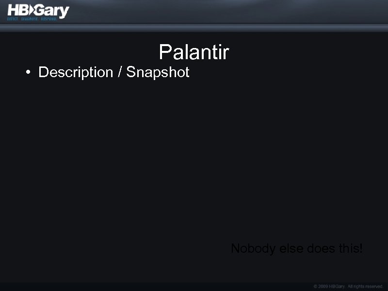 Palantir • Description / Snapshot Nobody else does this! 