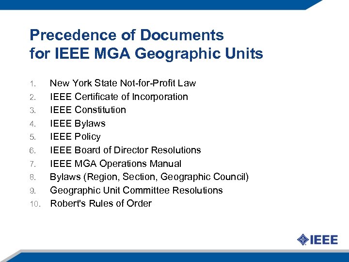 Precedence of Documents for IEEE MGA Geographic Units New York State Not-for-Profit Law 2.