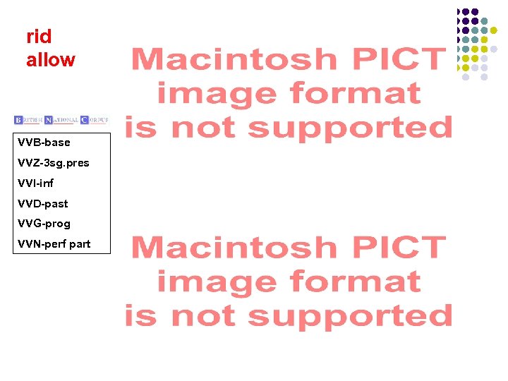 rid allow VVB-base VVZ-3 sg. pres VVI-inf VVD-past VVG-prog VVN-perf part 