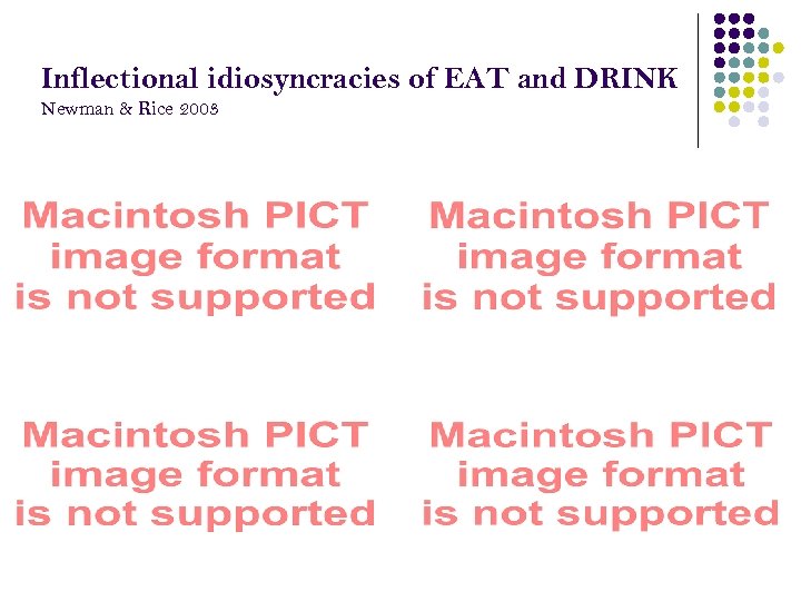 Inflectional idiosyncracies of EAT and DRINK Newman & Rice 2003 