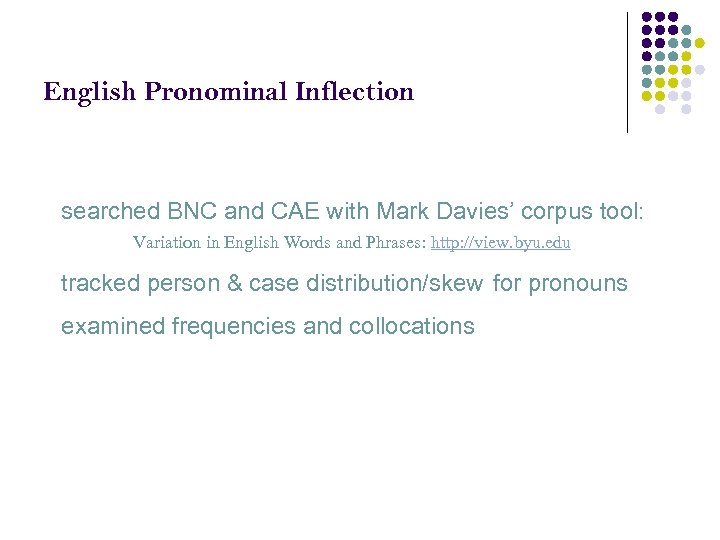 English Pronominal Inflection searched BNC and CAE with Mark Davies’ corpus tool: Variation in