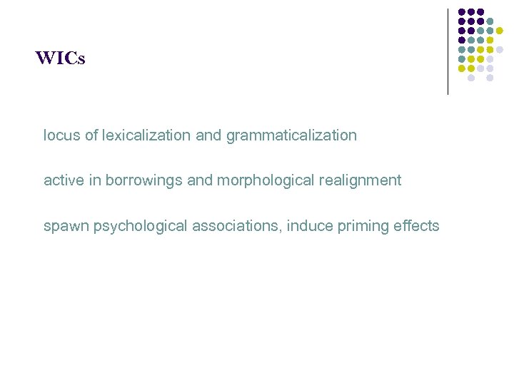 WICs locus of lexicalization and grammaticalization active in borrowings and morphological realignment spawn psychological