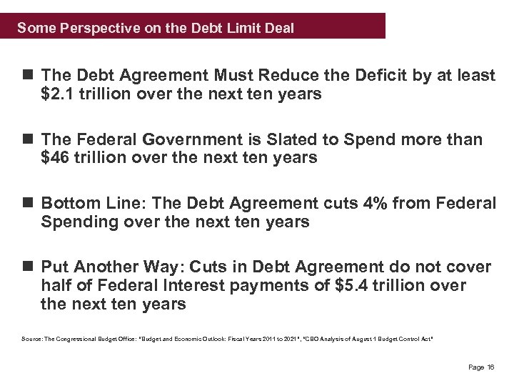  Some Perspective on the Debt Limit Deal n The Debt Agreement Must Reduce