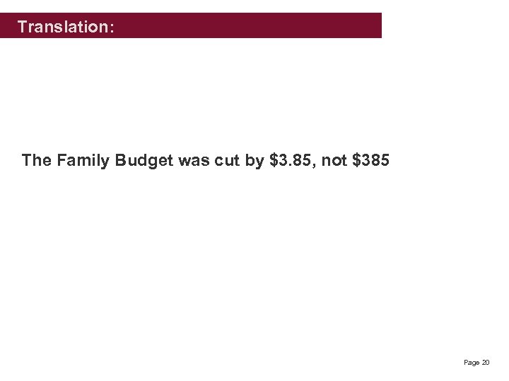  Translation: The Family Budget was cut by $3. 85, not $385 Page 20