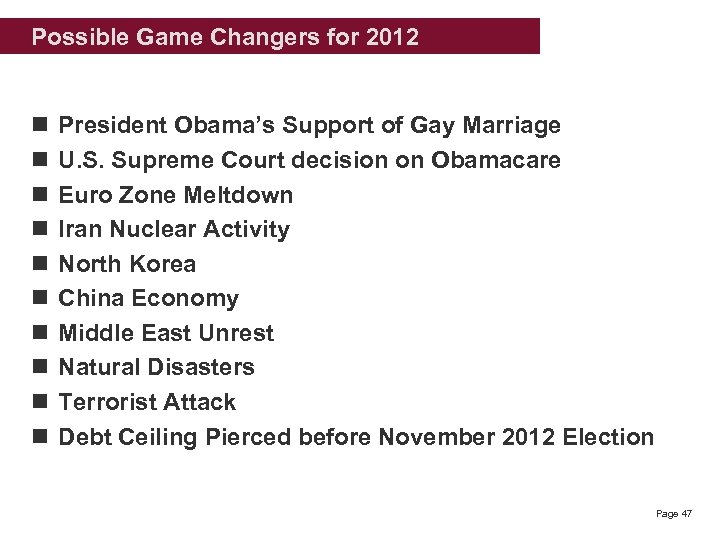 Possible Game Changers for 2012 n n n n n President Obama’s Support of