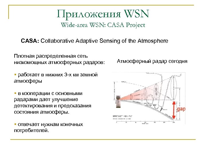 Приложения WSN Wide-area WSN: CASA Project CASA: Collaborative Adaptive Sensing of the Atmosphere Плотная
