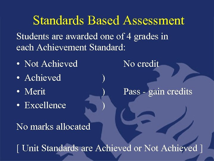 Standards Based Assessment Students are awarded one of 4 grades in each Achievement Standard: