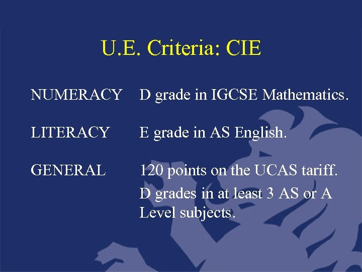 U. E. Criteria: CIE NUMERACY D grade in IGCSE Mathematics. LITERACY E grade in