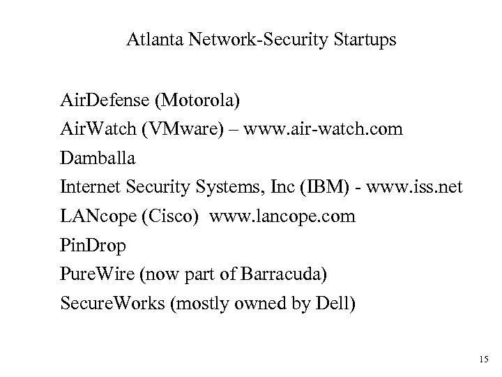 Atlanta Network-Security Startups Air. Defense (Motorola) Air. Watch (VMware) – www. air-watch. com Damballa