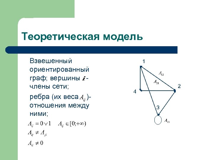 Теоретическая модель Взвешенный ориентированный граф; вершины члены сети; ребра (их веса )отношения между ними;