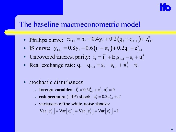 The baseline macroeconometric model • • Phillips curve: IS curve: Uncovered interest parity: Real